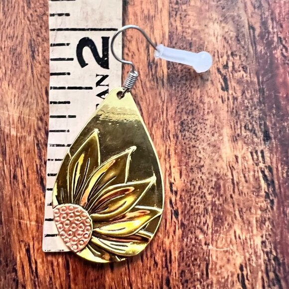 Two Tone Brass Copper Sunflower Earrings - Picture 4 of 4